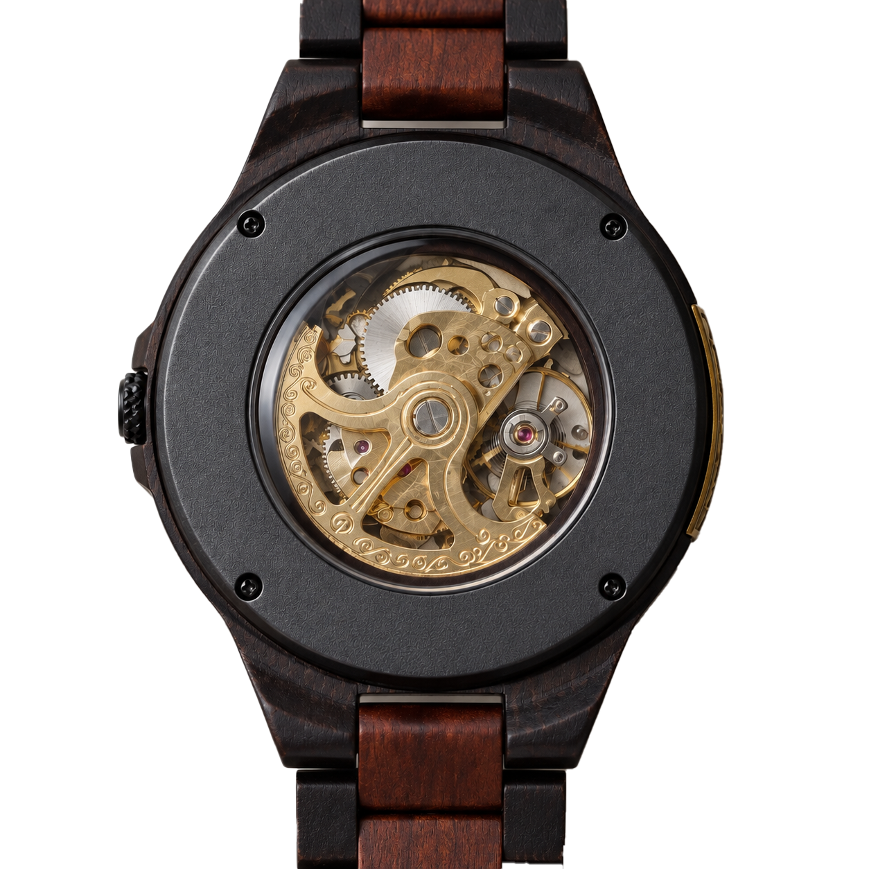 Straight-on view of the Eclipse watch back and exposed movement