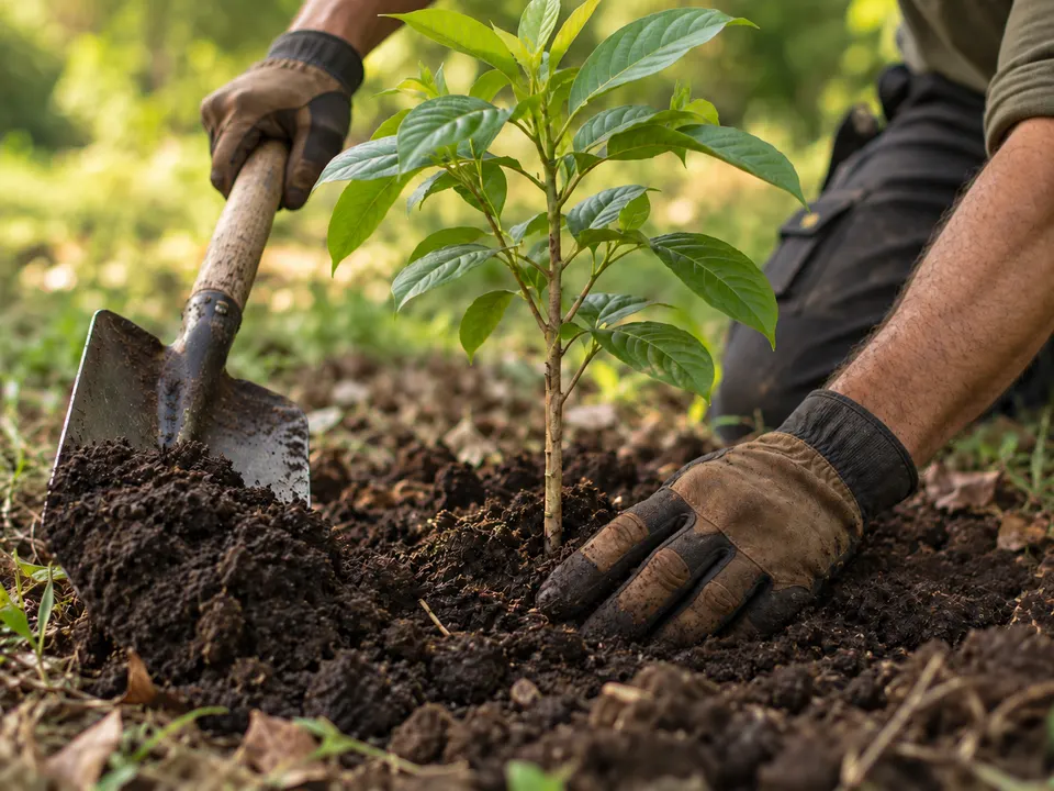 Gloved hands planting a young tree in the earth